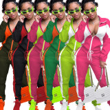 Fashion Color Blocking Zipper Coat And Sports Pant Two Piece Set YD-8669