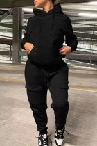 Casual Solid Color Hooded Sweatshirt Sports Two Piece Pants Set WAF-77515