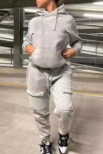 Casual Solid Color Hooded Sweatshirt Sports Two Piece Pants Set WAF-77515