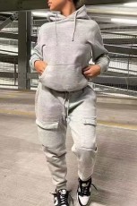 Casual Solid Color Hooded Sweatshirt Sports Two Piece Pants Set WAF-77515