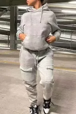 Casual Solid Color Hooded Sweatshirt Sports Two Piece Pants Set WAF-77515