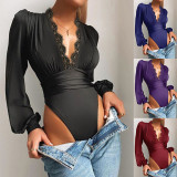 Solid Deep V-Neck Lace Splice Bodysuit YF-1255