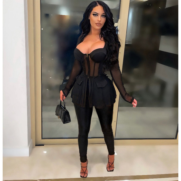 Mesh Splicing See Through Tops And Tight Pant Two Piece Set NM-8531