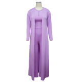 Fashion Solid Casual Top+Pants+Long Sleeve Coat Three Piece Set YF-9962