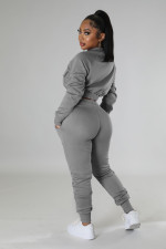 Casual Sports Solid Crop Coat And Pants 2 Piece Set GYLY-9895 