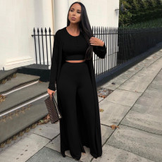 Fashion Solid Casual Top+Pants+Long Sleeve Coat Three Piece Set YF-9962
