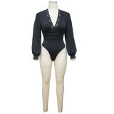 Solid Deep V-Neck Lace Splice Bodysuit YF-1255