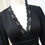 Solid Deep V-Neck Lace Splice Bodysuit YF-1255