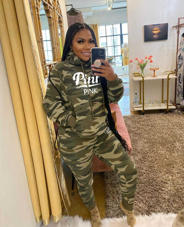 Casual PINK Letter Print Camo Sports Hoodies Two Piece Pants Set YIM-282