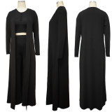 Fashion Solid Casual Top+Pants+Long Sleeve Coat Three Piece Set YF-9962