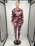 Casual PINK Letter Print Camo Sports Hoodies Two Piece Pants Set YIM-282