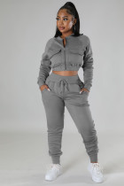 Casual Sports Solid Crop Coat And Pants 2 Piece Set GYLY-9895 