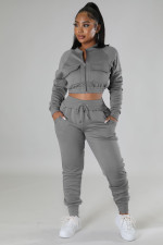 Casual Sports Solid Crop Coat And Pants 2 Piece Set GYLY-9895 