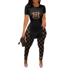 Printed Short Sleeve Slit Hem And Pants Two Piece Set SHD-9387