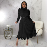 Fashion Puff Sleeve Pullover Ruffles Ruched Skirts Two Piece Set YF-10322