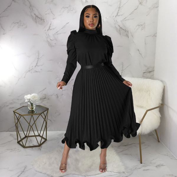 Fashion Puff Sleeve Pullover Ruffles Ruched Skirts Two Piece Set YF-10322