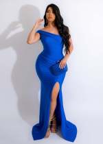 Sexy Solid Slash Shoulder Split Evening Dress LSD-83157