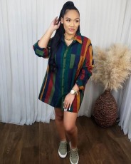 Multicolor Color Stripe Print Long Sleeve Shirt Dress BDF-7019