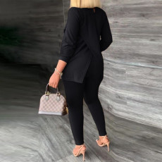 Plus Size Fashion Solid Color Split Tops And Tight Pant Two Piece Set NY-2595