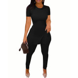 Printed Short Sleeve Slit Hem And Pants Two Piece Set SHD-9387