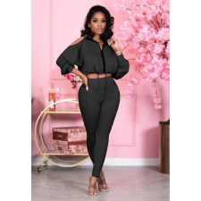 Solid Off Shoulder Zipper Coat And Ruched Pant Two Piece Sets SXF-21001