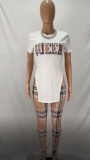 Printed Short Sleeve Slit Hem And Pants Two Piece Set SHD-9387