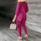 Plus Size Fashion Solid Color Split Tops And Tight Pant Two Piece Set NY-2595