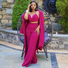 Fashion Solid Halter+Wide Leg Pants+Long Sleeve Coat Three Piece Set YF-9932
