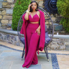 Fashion Solid Halter+Wide Leg Pants+Long Sleeve Coat Three Piece Set YF-9932