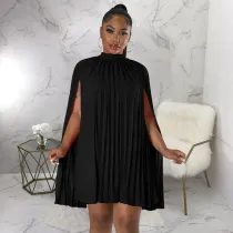 Solid Bat Sleeve Pleated Loose Chiffon DressYF-10323