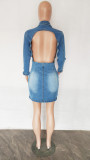Sexy Backless Single Breasted Denim Mini Dress LX-6949