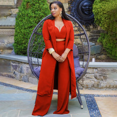Fashion Solid Halter+Wide Leg Pants+Long Sleeve Coat Three Piece Set YF-9932