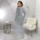 Fashion Knits Puff Sleeve V Neck Jumpsuit YF-10330