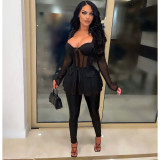 Mesh Splicing See Through Tops And Tight Pant Two Piece Set NM-8531