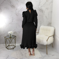 Fashion Puff Sleeve Pullover Ruffles Ruched Skirts Two Piece Set YF-10322