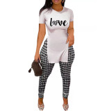 Printed Short Sleeve Slit Hem And Pants Two Piece Set SHD-9387