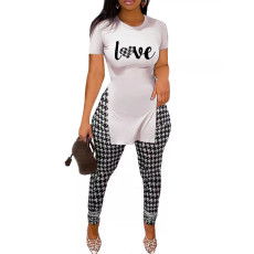 Printed Short Sleeve Slit Hem And Pants Two Piece Set SHD-9387