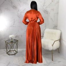 Fashion Solid V Neck Pleated Maxi Dress(With Waist Belt) YF-10334