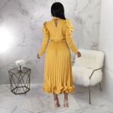 Fashion Puff Sleeve Pullover Ruffles Ruched Skirts Two Piece Set YF-10322