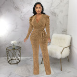 Fashion Knits Puff Sleeve V Neck Jumpsuit YF-10330