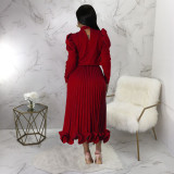 Fashion Puff Sleeve Pullover Ruffles Ruched Skirts Two Piece Set YF-10322