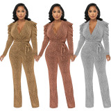 Fashion Knits Puff Sleeve V Neck Jumpsuit YF-10330