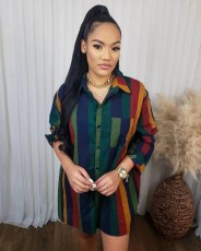 Multicolor Color Stripe Print Long Sleeve Shirt Dress BDF-7019