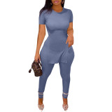 Printed Short Sleeve Slit Hem And Pants Two Piece Set SHD-9387