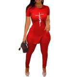 Printed Short Sleeve Slit Hem And Pants Two Piece Set SHD-9387