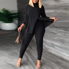 Plus Size Fashion Solid Color Split Tops And Tight Pant Two Piece Set NY-2595