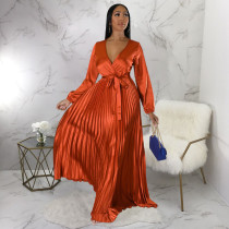 Fashion Solid V Neck Pleated Maxi Dress(With Waist Belt) YF-10334