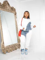 Plus Size Fashion Color Blocking Hooded Sweatshirt Two Piece Pants Set JH-322