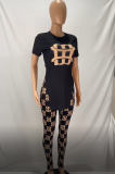Printed Short Sleeve Slit Hem And Pants Two Piece Set SHD-9387