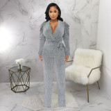 Fashion Knits Puff Sleeve V Neck Jumpsuit YF-10330